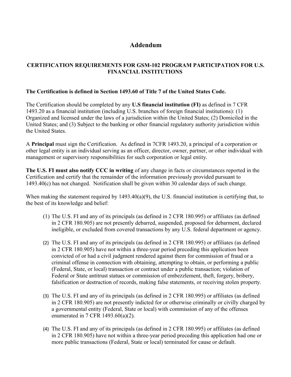 Certification Requirements for Gsm-102 Program Participation for U.S. Financial Institutions