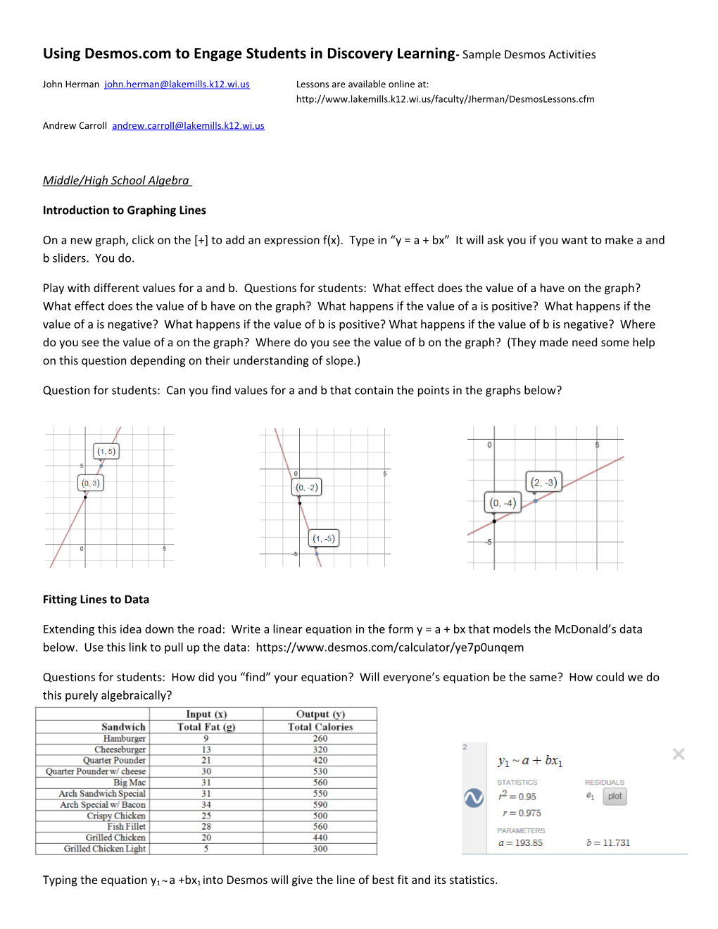 Using Desmos.Com to Engage Students in Discovery Learning- Sample Desmos Activities