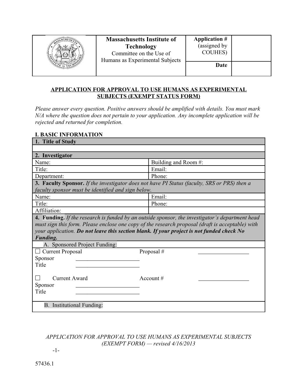 Application for Approval to Use Humans As Experimental Subjects (Exempt Status Form)