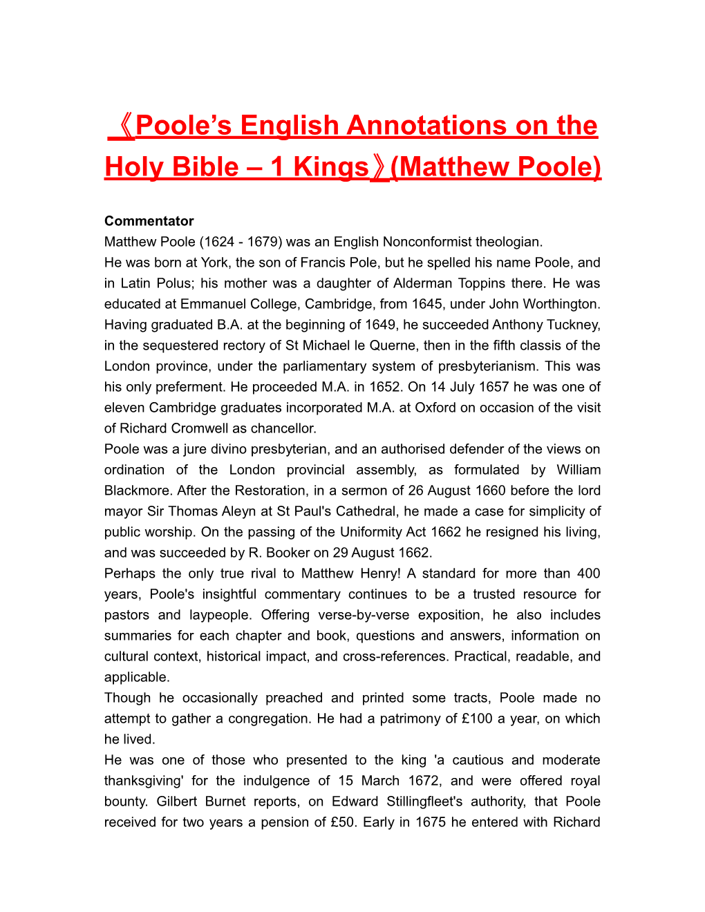 Poole S English Annotationson the Holy Bible 1 Kings (Matthew Poole)