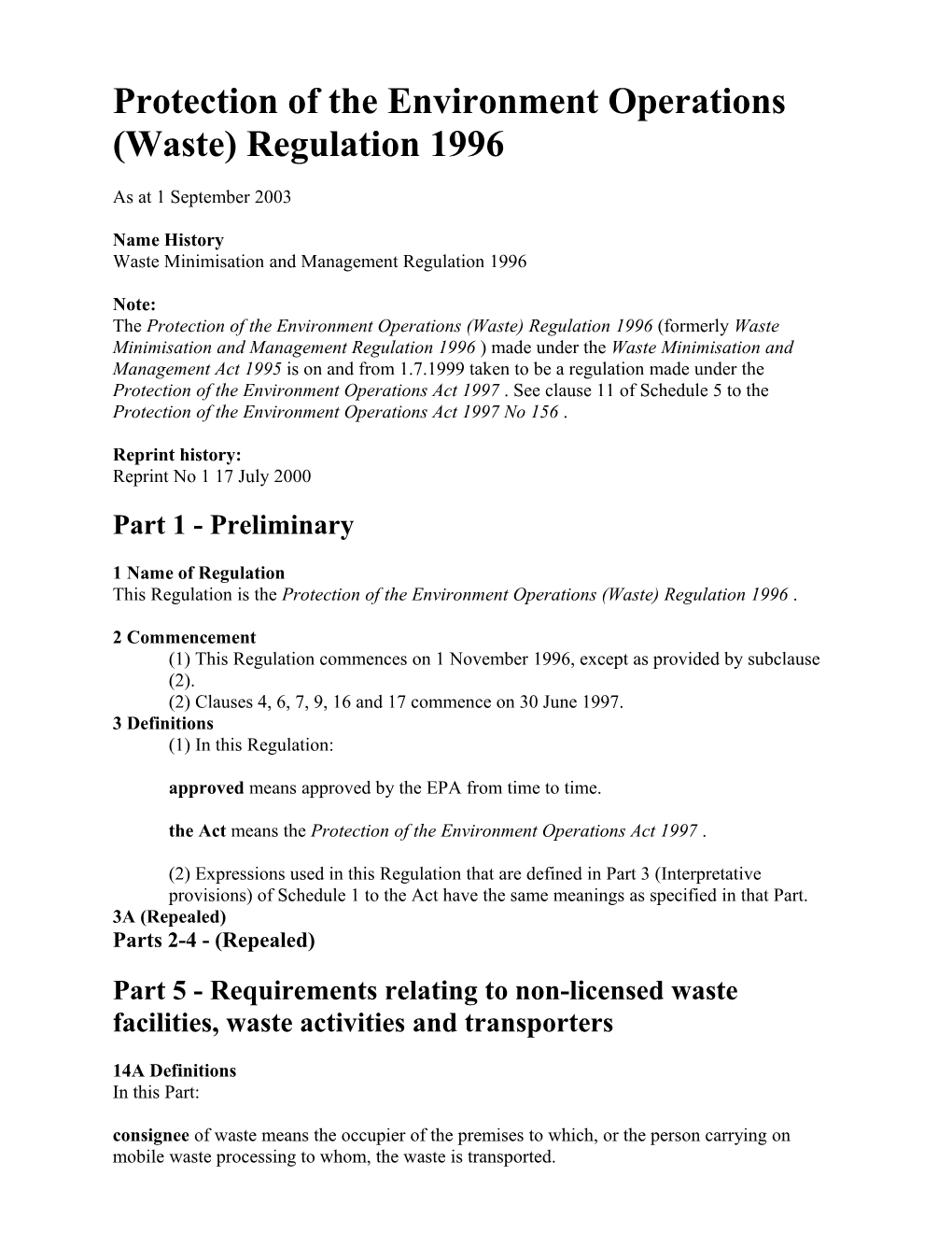 Protection of the Environment Operations (Waste) Regulation 1996