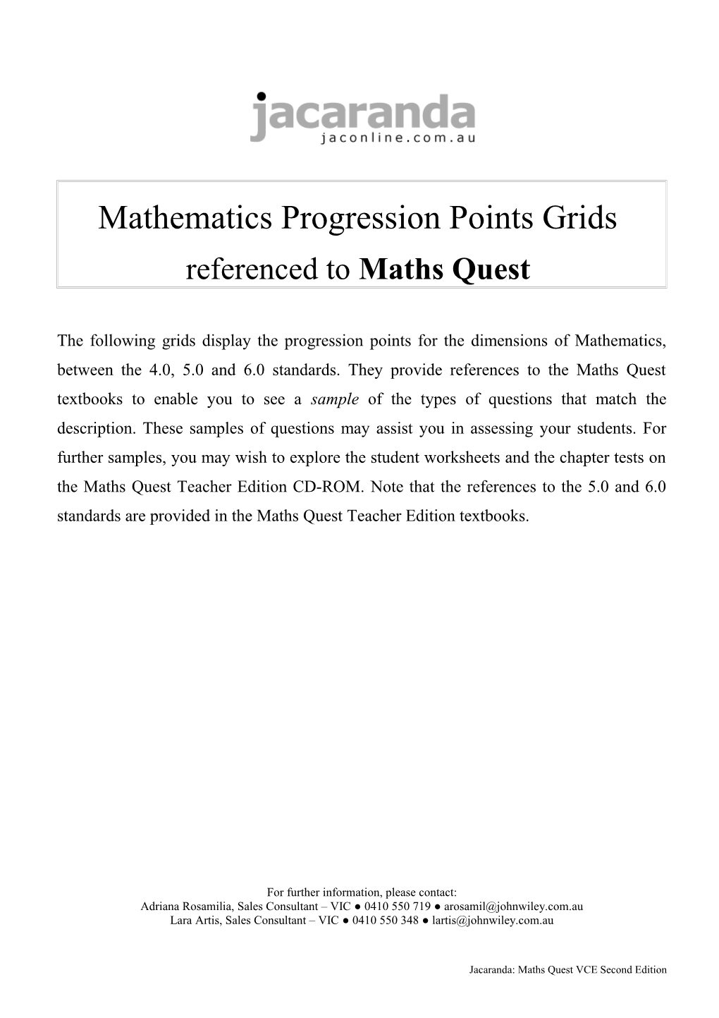 Mathematics Progression Points Grids