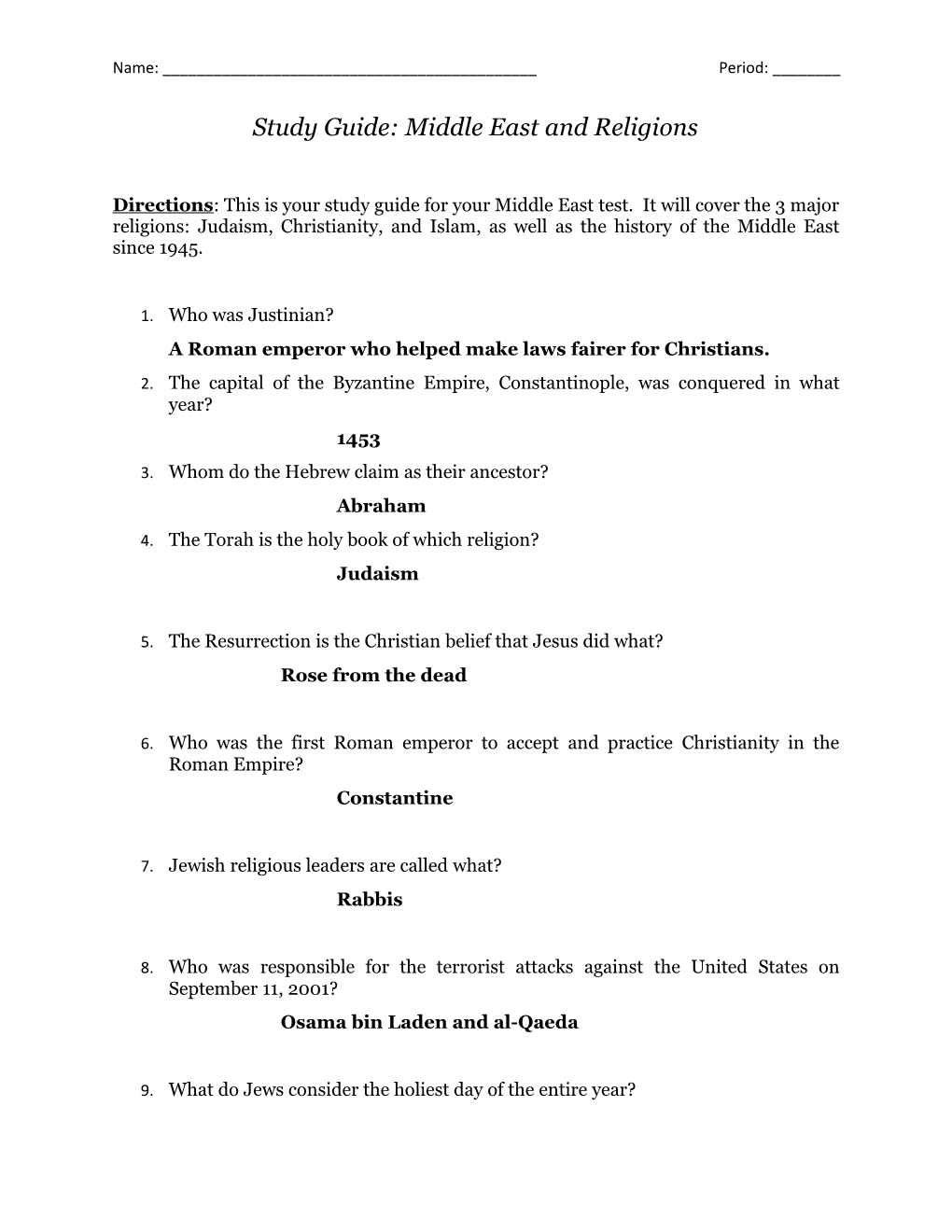 Study Guide: Middle East and Religions