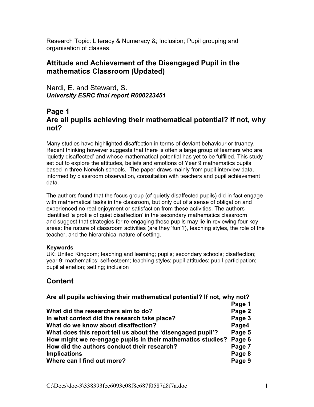 Attitude and Achievement of the Disengaged Pupil in the Mathematics Classroom