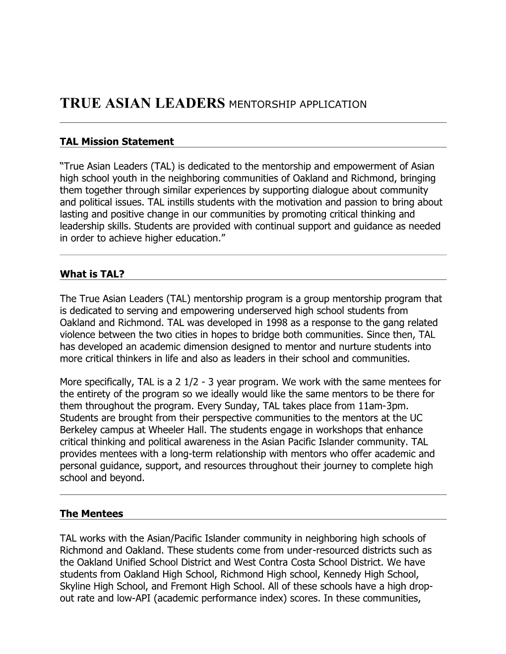 Tal Mentorship Application 2013-2014