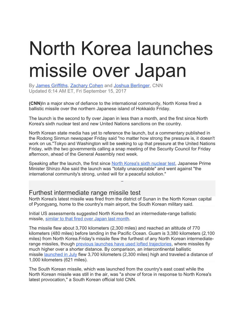 North Korea Launches Missile Over Japan