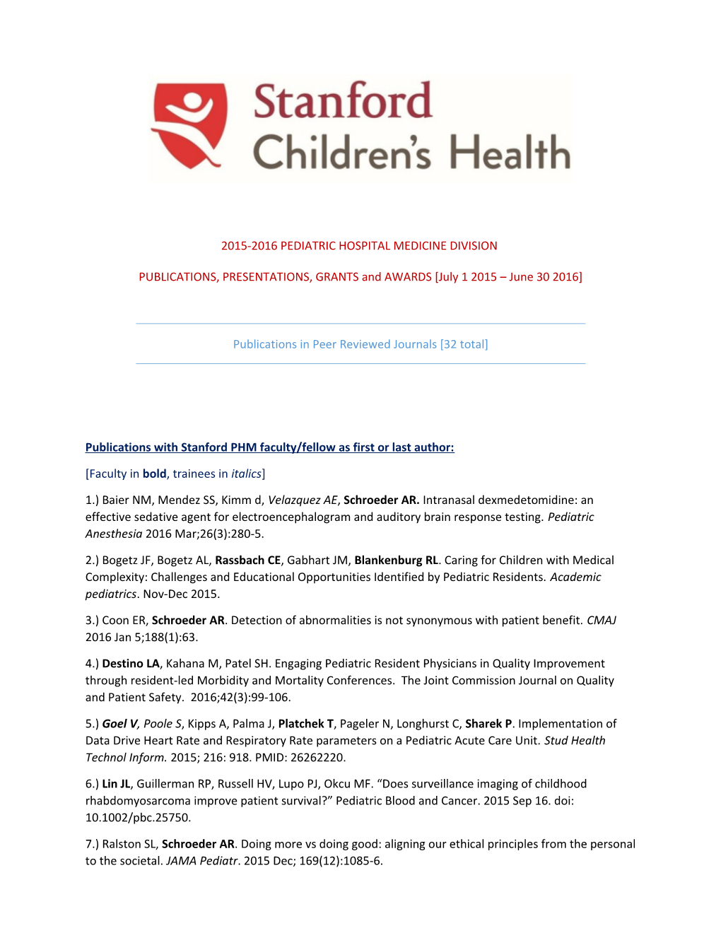 2015-2016 Pediatric Hospital Medicine Division