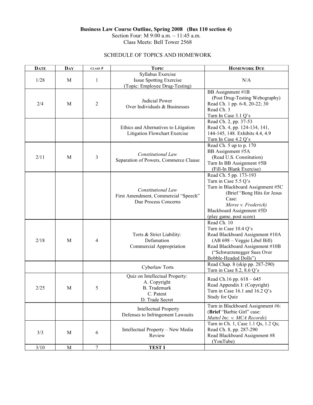 Business Law Course Outline, Spring 2008 (Bus 110 Section 4)