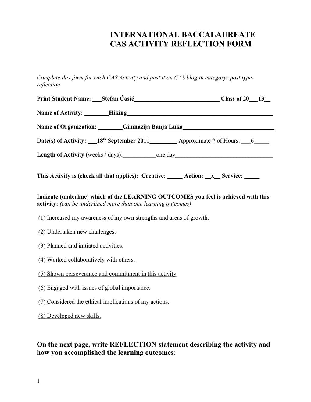 Cas Activity Reflection Form