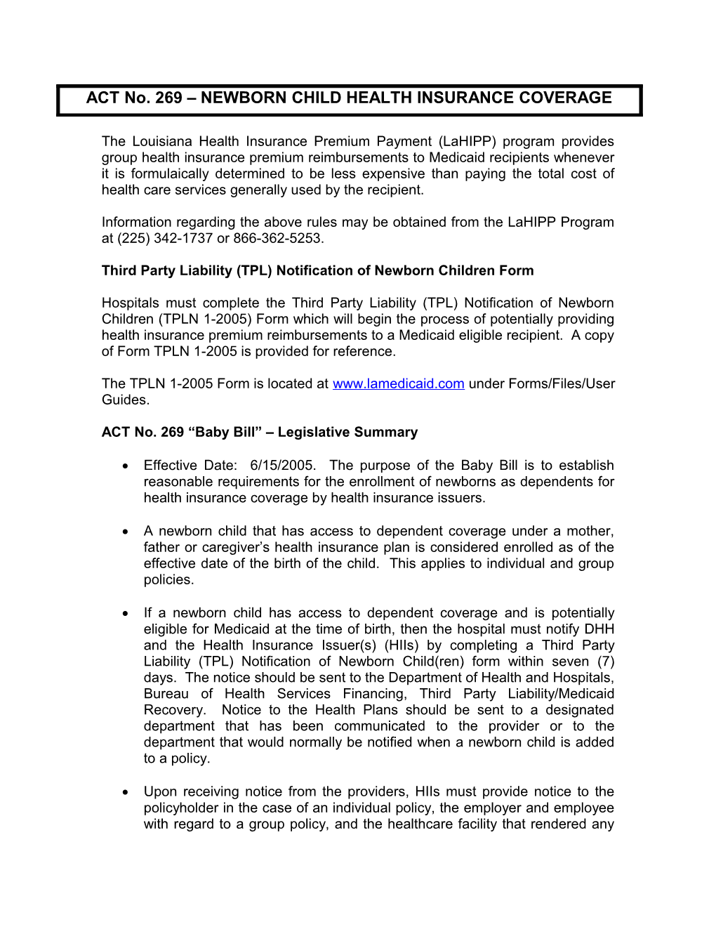 Third Party Liability (TPL) Notification of Newborn Children Form