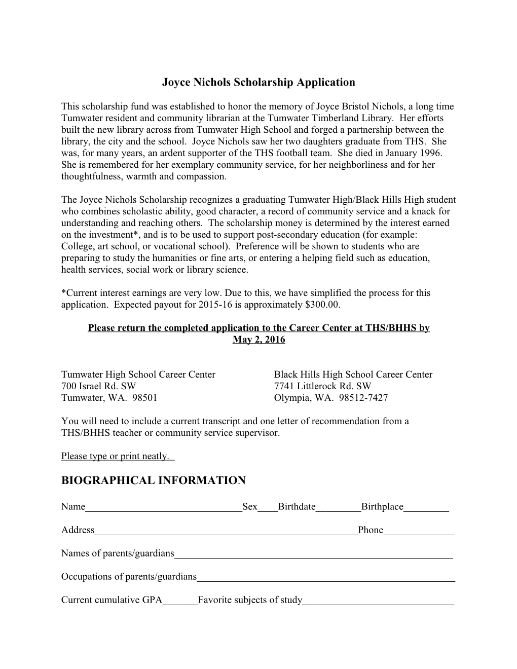 Joyce Nichols Scholarship Application
