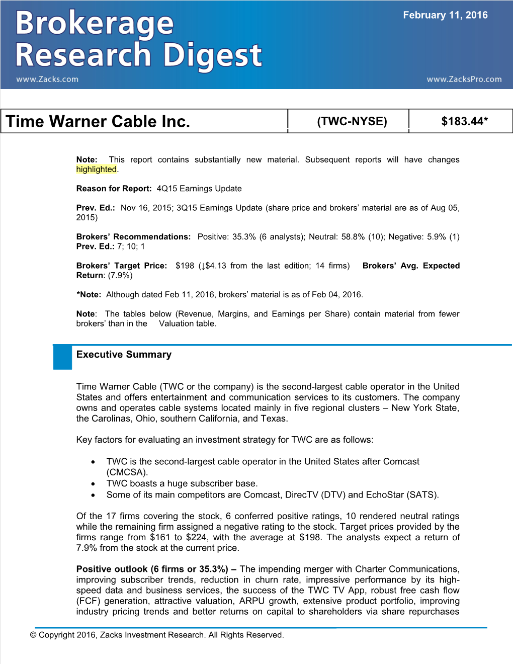 Reason for Report: 4Q15 Earnings Update