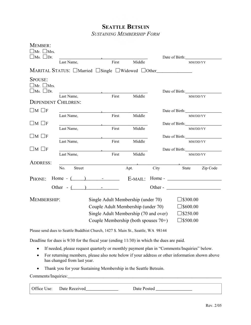 Seattle Betsuin Sustaining Membership Form