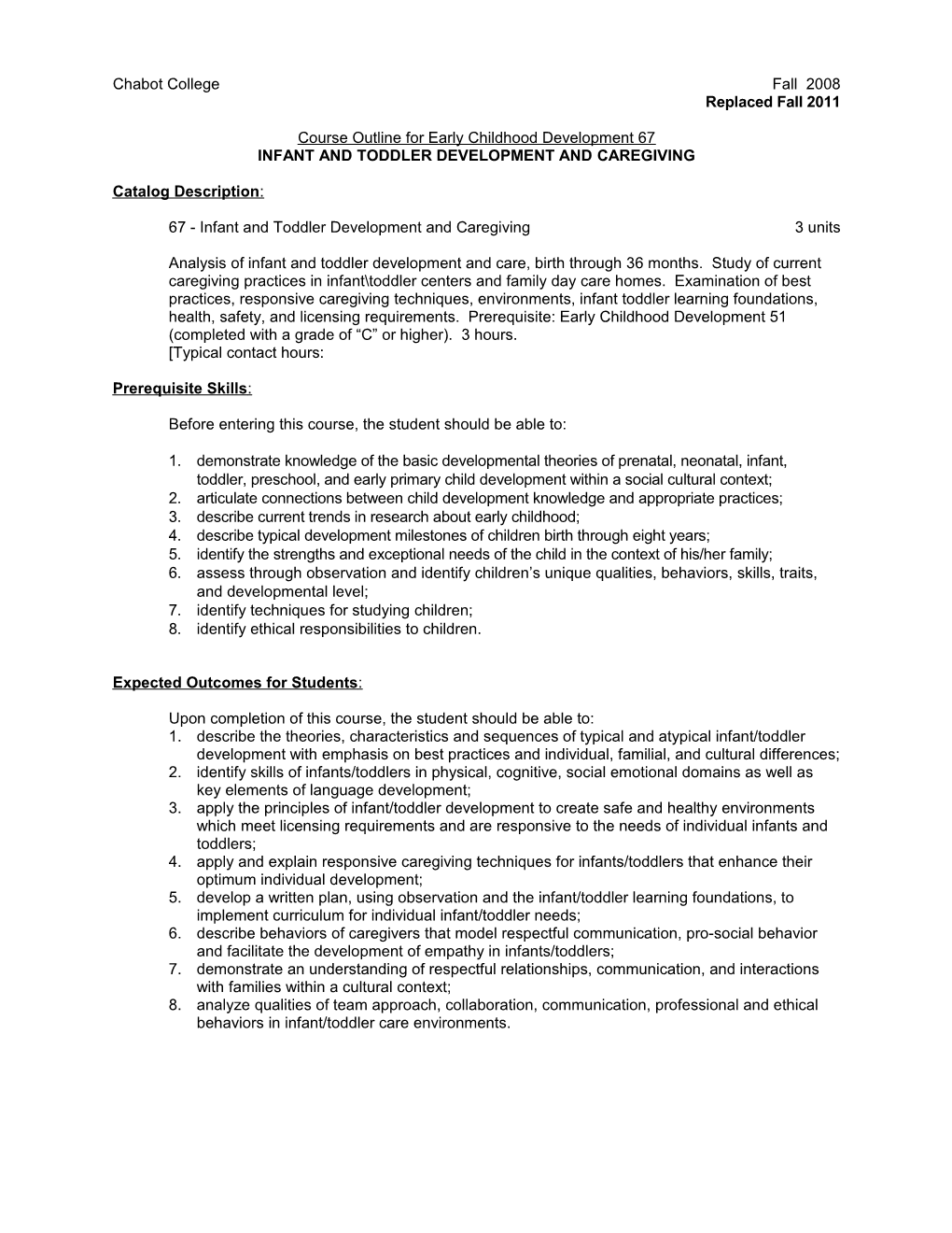 Course Outline for Early Childhood Development 67, Page 1