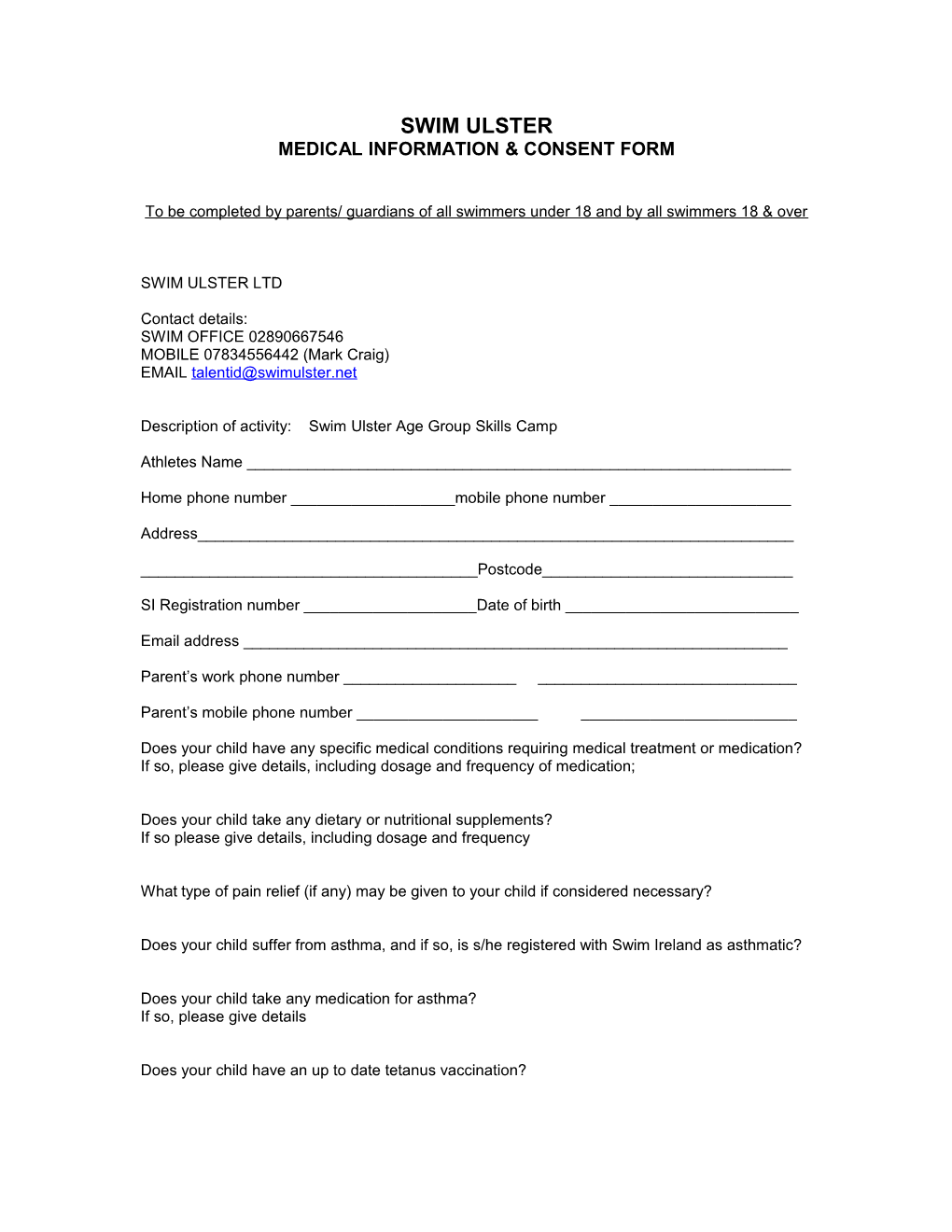 Medical Information & Consent Form