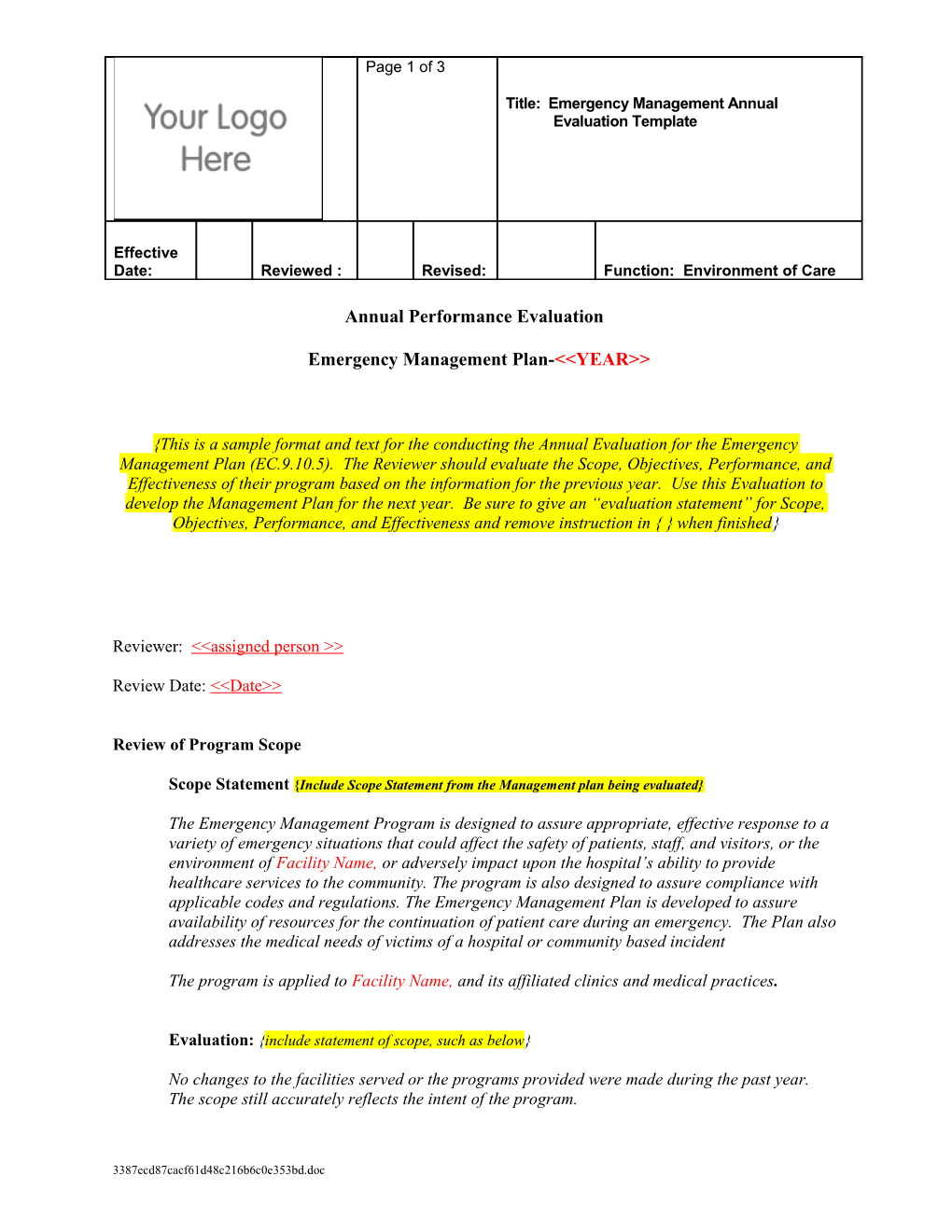 Annual Performance Evaluation-Emergency Mgt