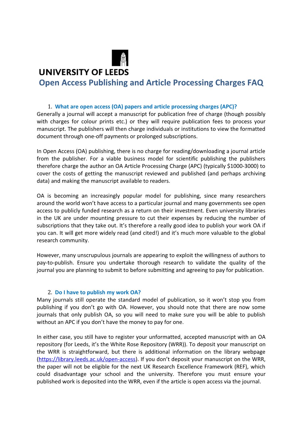 Open Access Publishing and Article Processing Charges FAQ