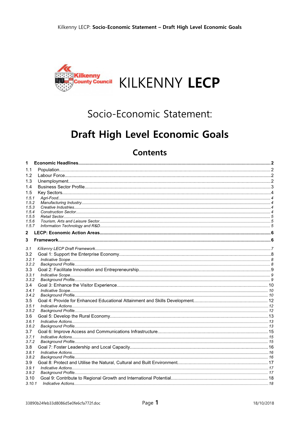 605-Kilkenny LECP: Socio-Economic Statement Draft High Level Economic Goals