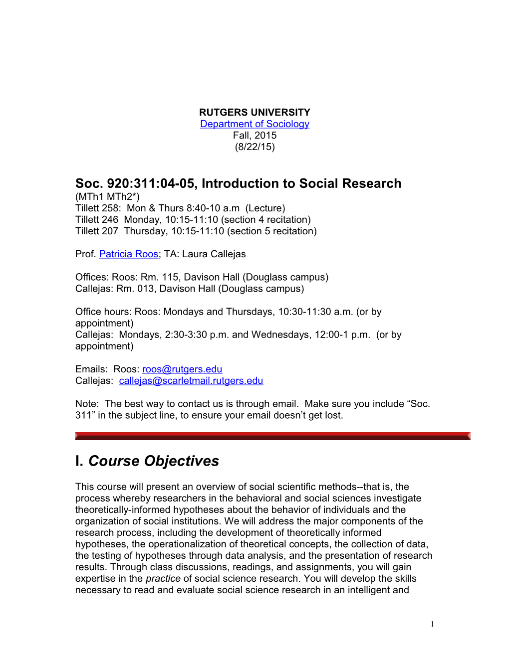 RUTGERS UNIVERSITY Departmentof Sociology Fall, 2015 (8/22/15)