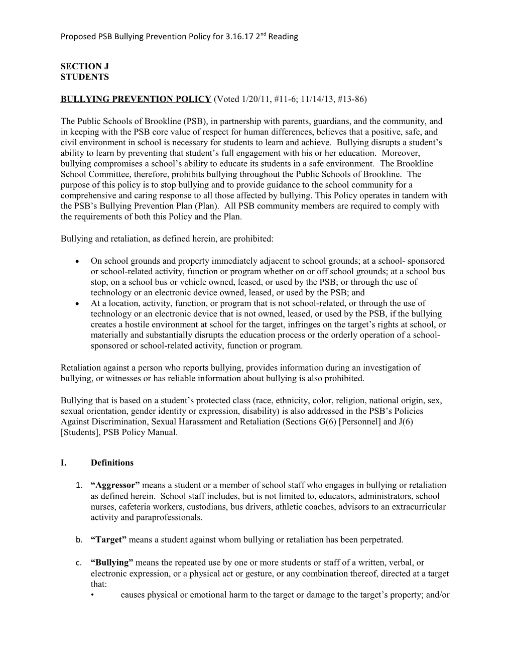 Proposed PSB Bullying Prevention Policy for 3.16.17 2Ndreading