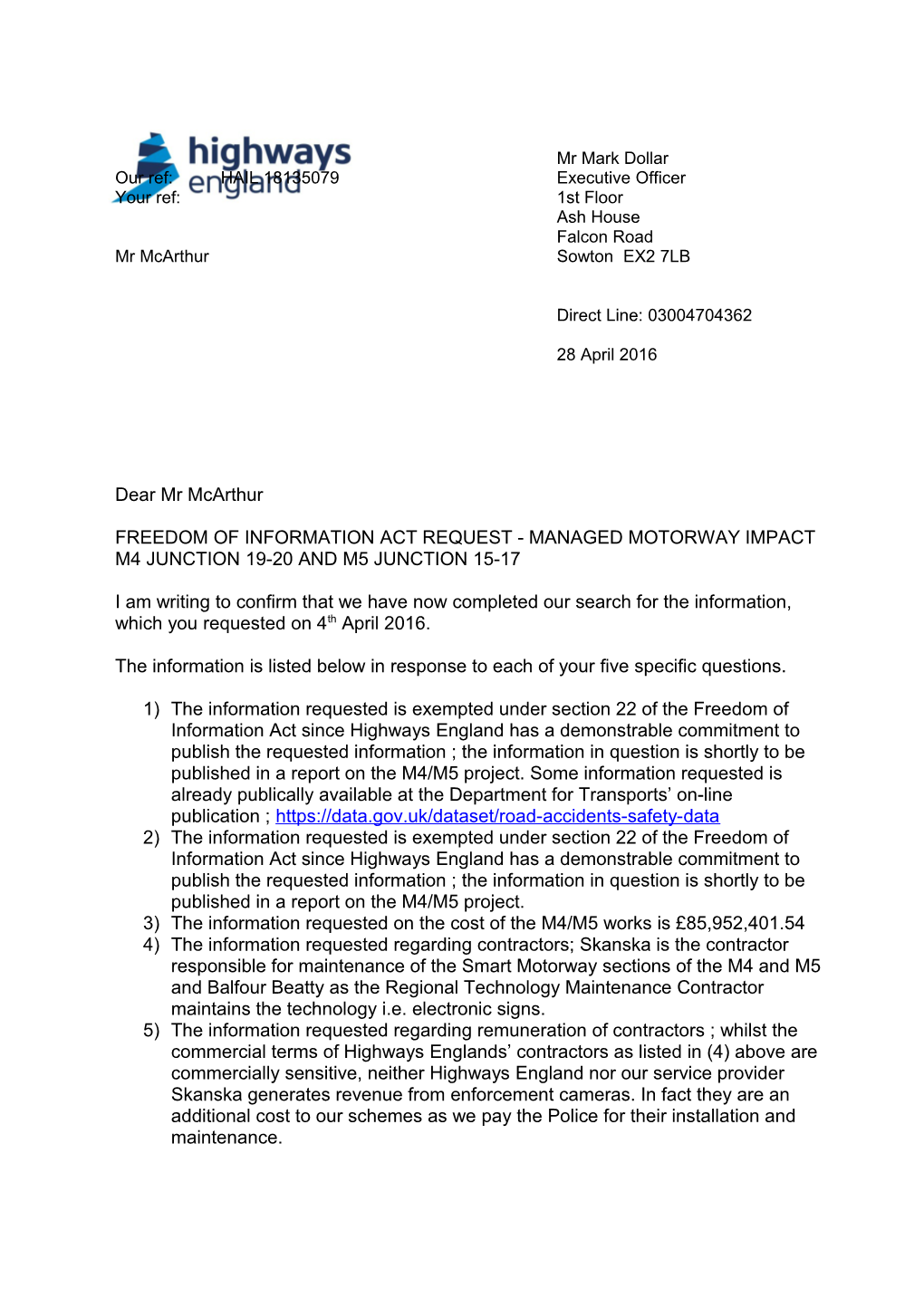 Freedom of Information Act Request - Managed Motorway Impact M4 Junction 19-20 and M5 Junction