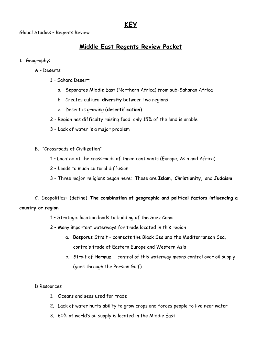 Middle East Regents Review Packet