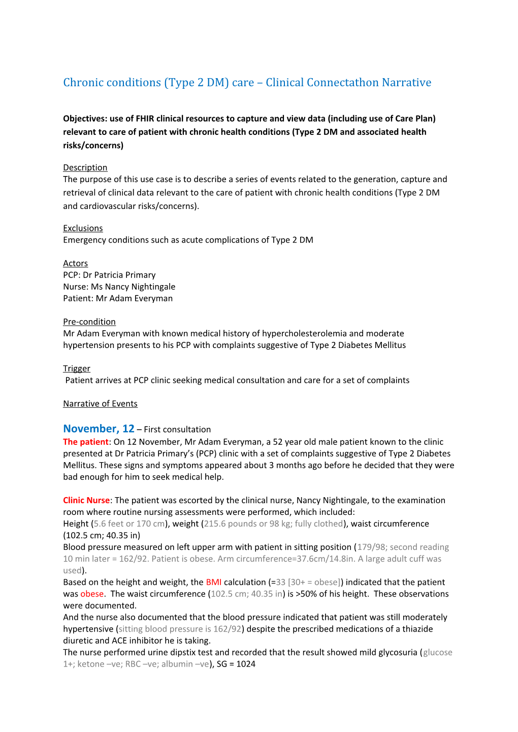 Chronic Conditions (Type 2 DM) Care Clinical Connectathon Narrative