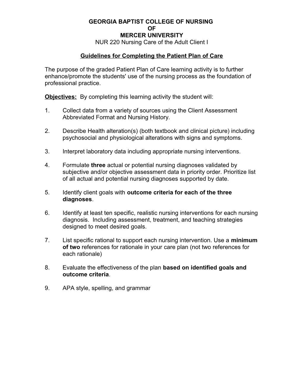 Guidelines for Completing the Patient Plan of Care