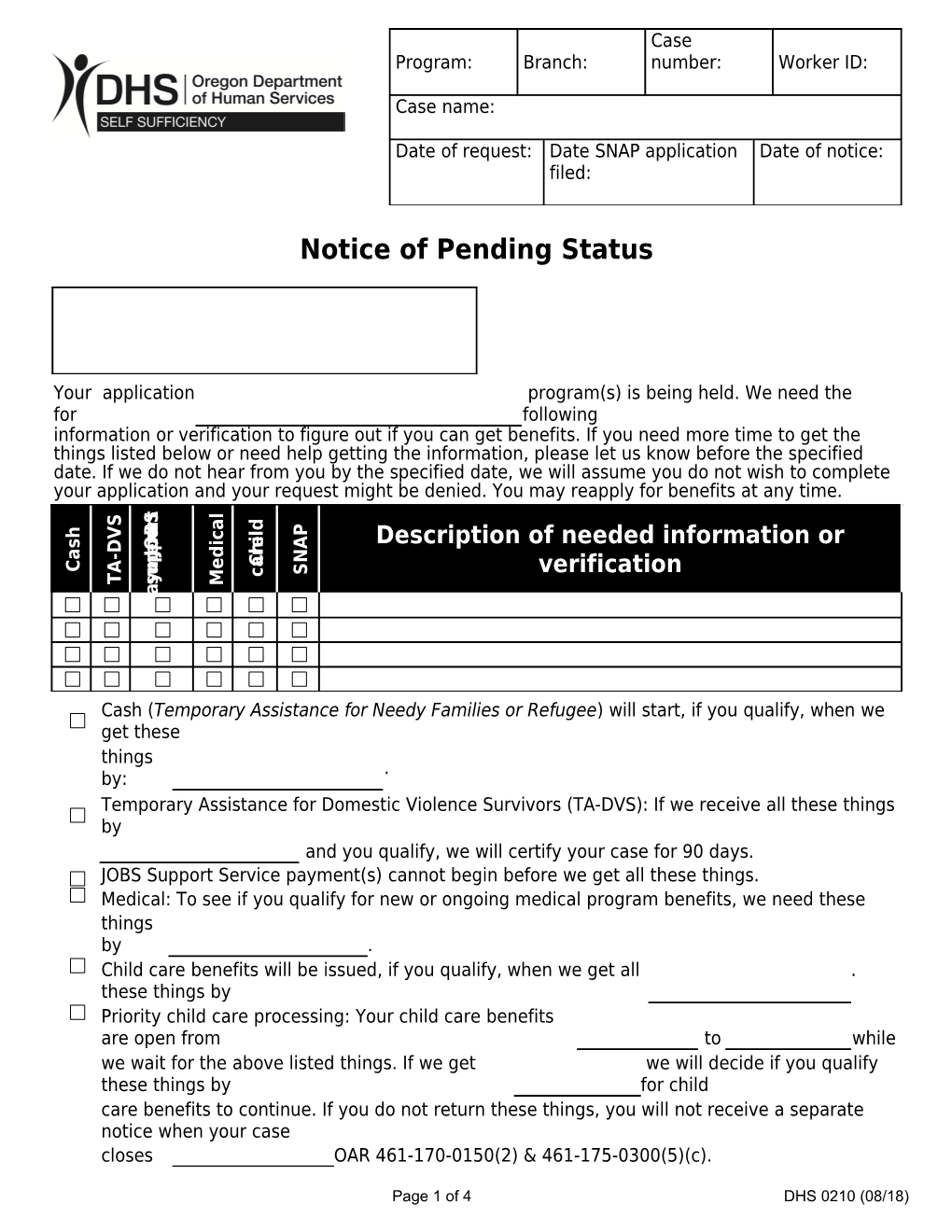 Notice of Pending Status DHS 0210 (10/15)