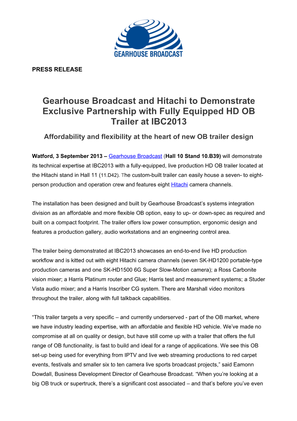 Gearhouse Broadcast and Hitachi to Demonstrate Exclusive Partnership with Fully Equipped