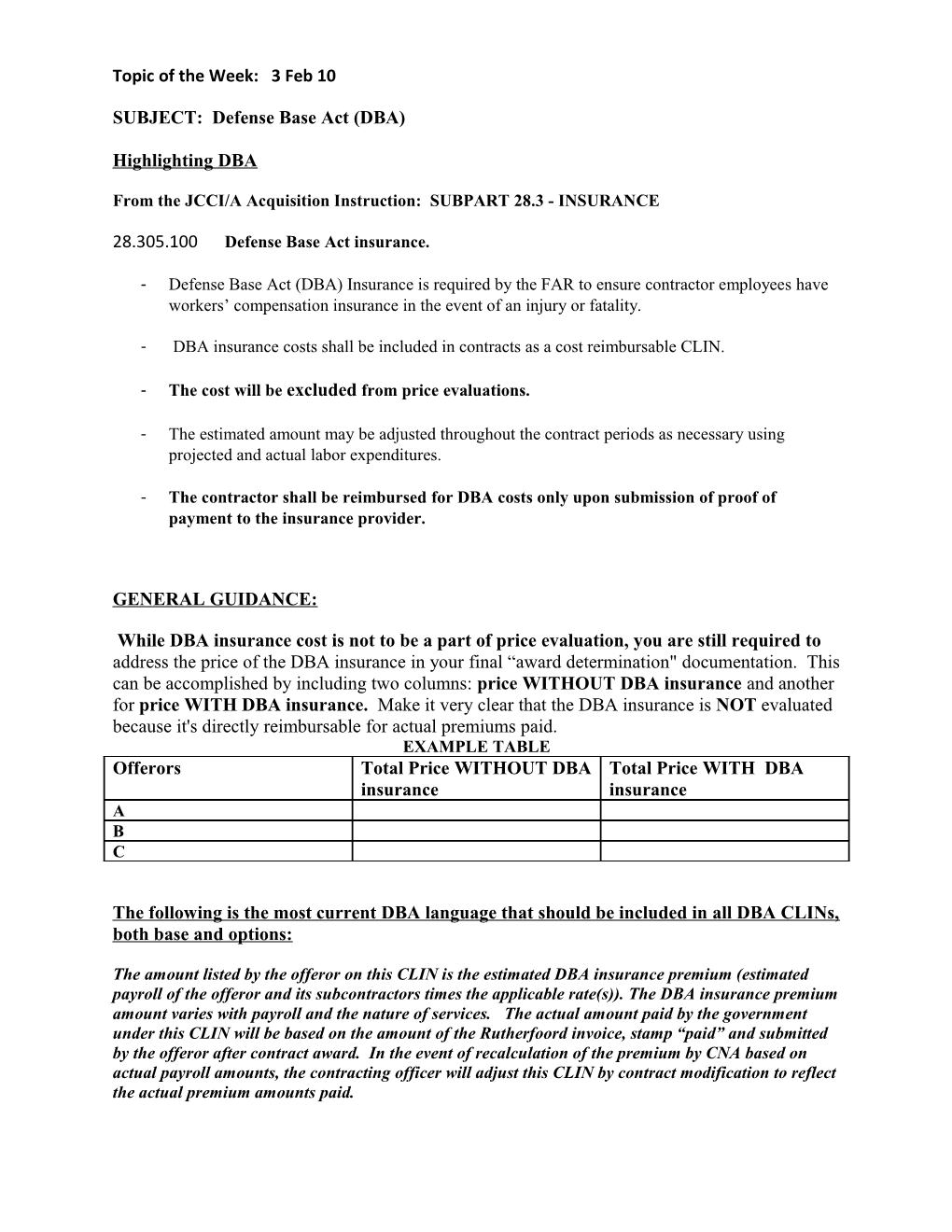 SUBJECT: Defense Base Act (DBA)