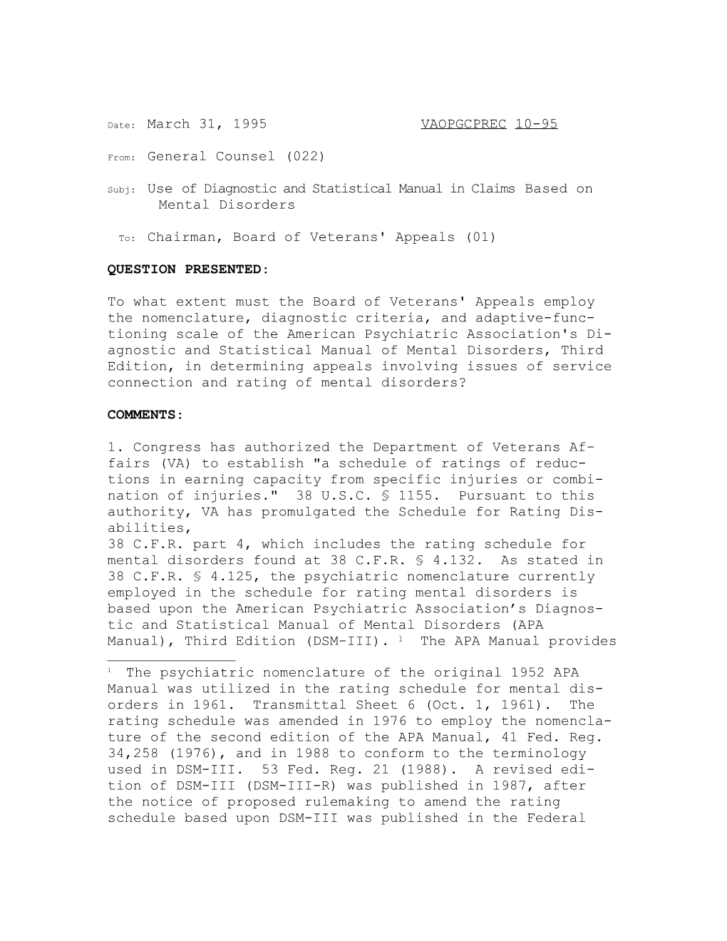 Subj: Use of Diagnostic and Statistical Manual in Claims Based On