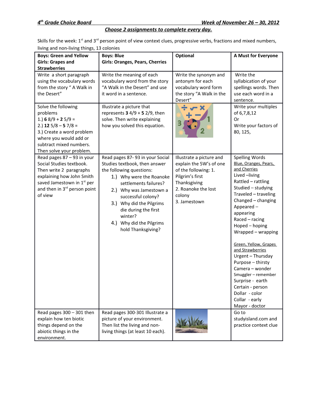 Choose 2 Assignments to Complete Every Day