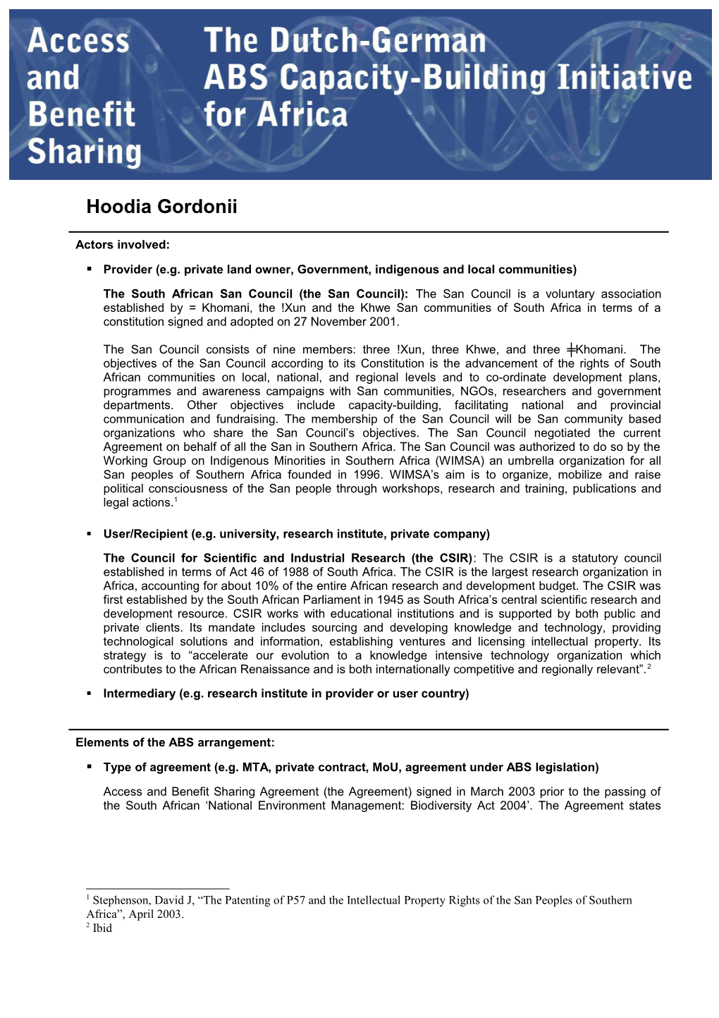 Summary Sheet for an African ABS Intitiative