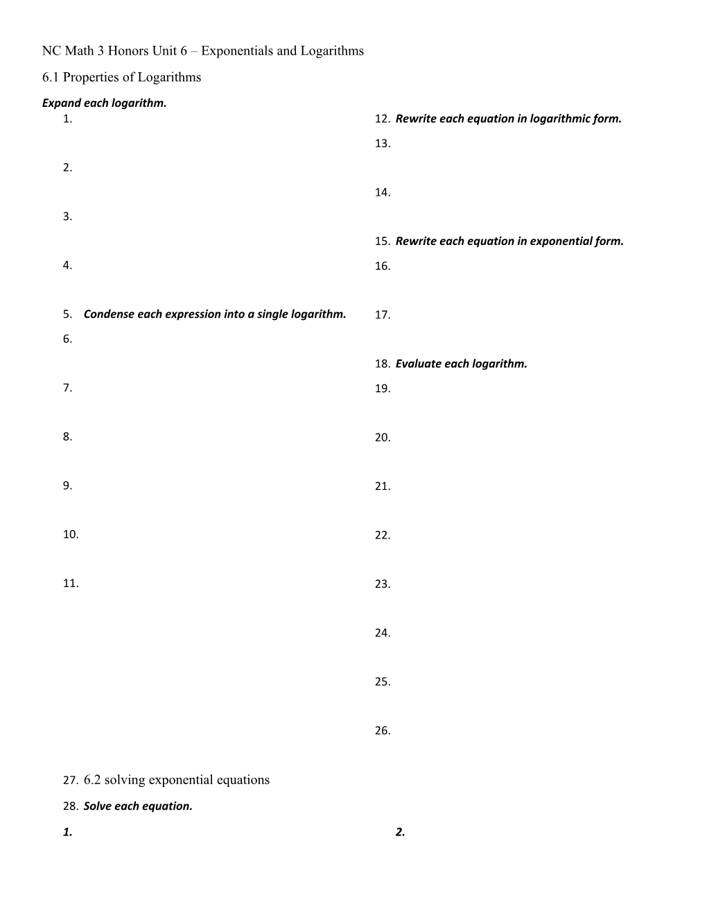 NC Math 3 Honors Unit 6 Exponentials and Logarithms