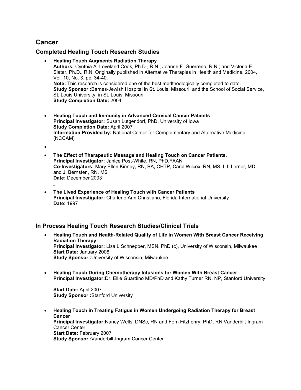 Completed Healing Touch Research Studies