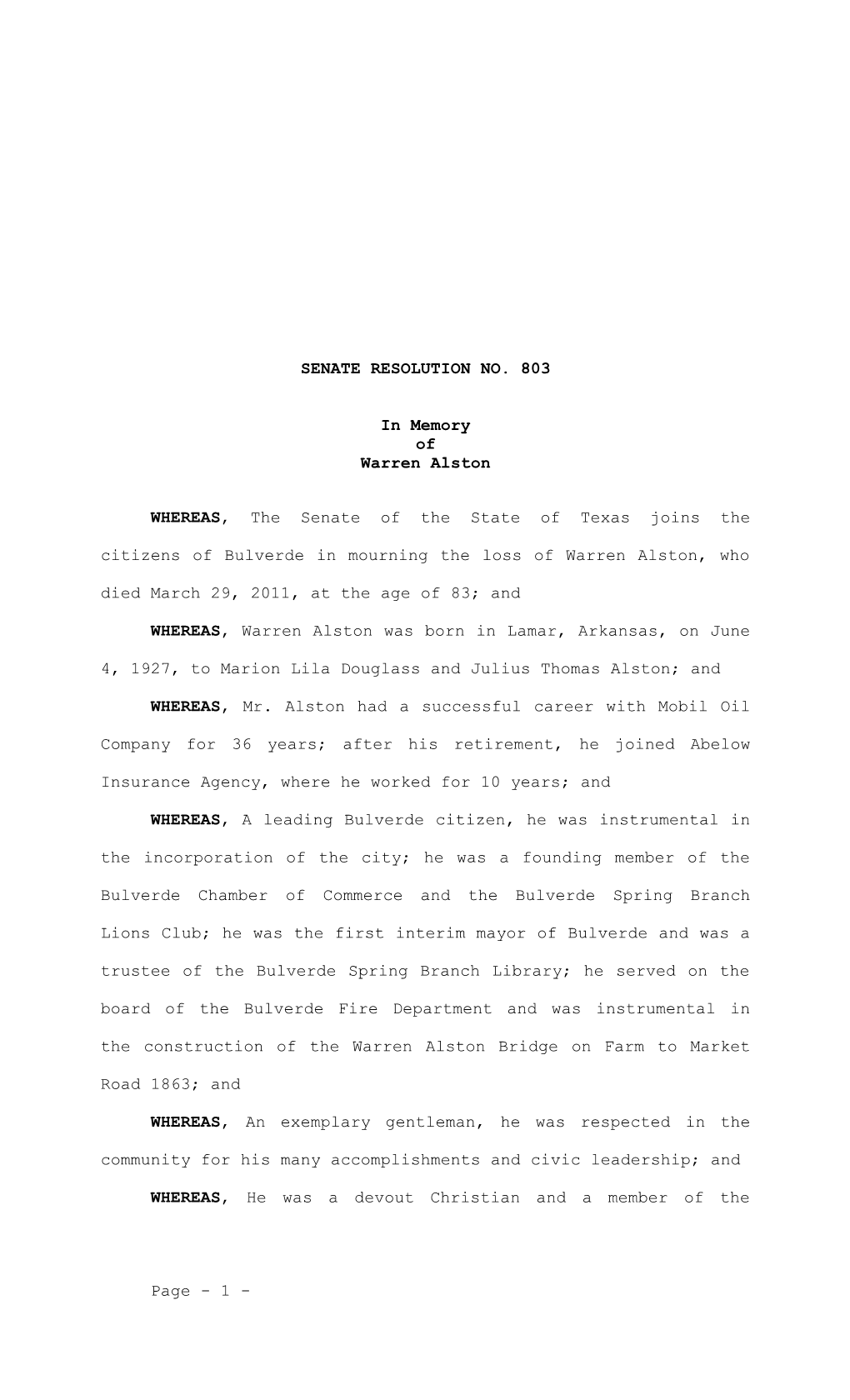 Senate Resolution No. 803