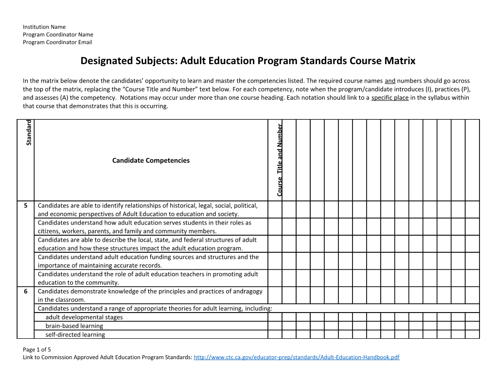 Designated Subjects: Adult Education Programstandards Course Matrix