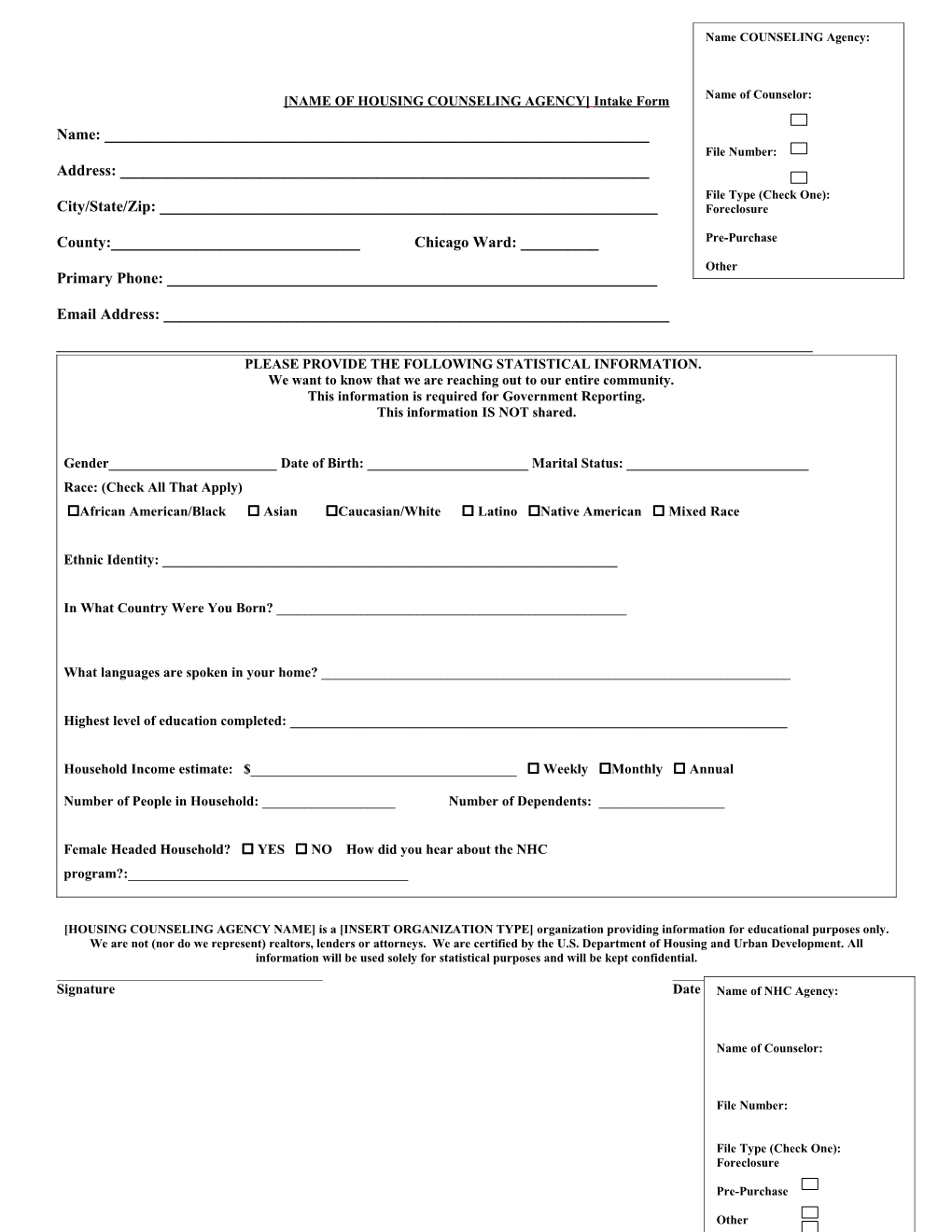 NAME of HOUSING COUNSELING AGENCY Intake Form