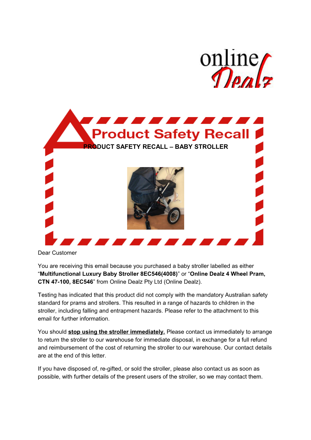 Product Safety Recall Baby Stroller