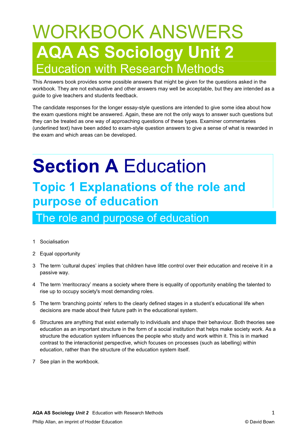 Sociology AQA AS Unit 2 WORKBOOK ANSWERS