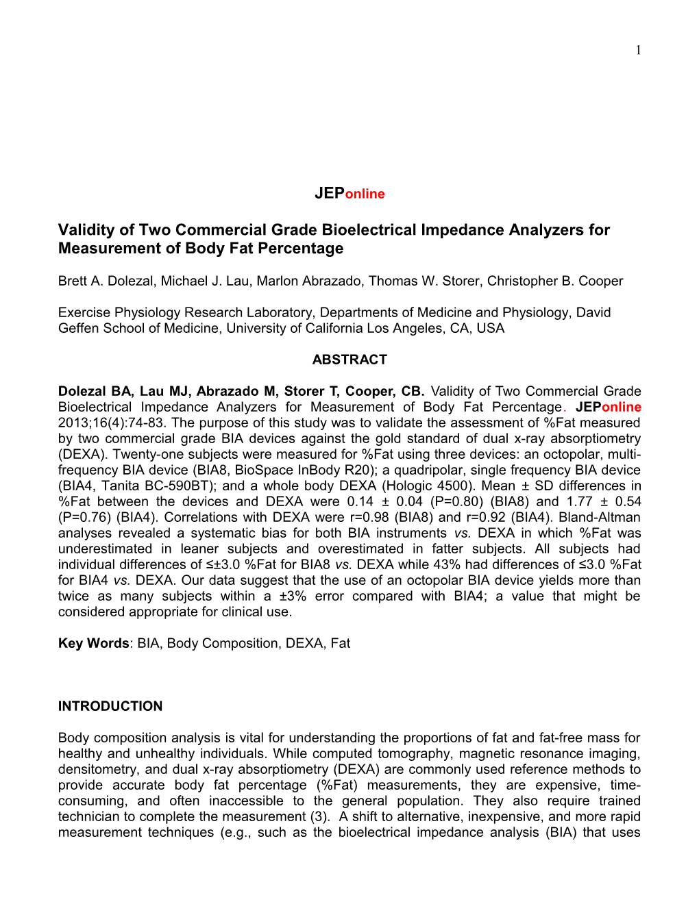 Validity of Two Commercial Grade Bioelectrical Impedance Analyzers for Measurement Of