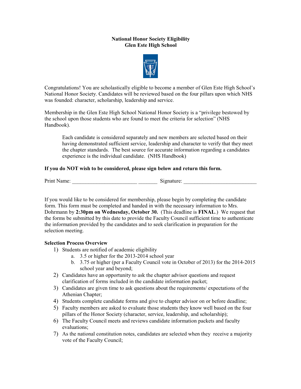 National Honor Society Eligibility