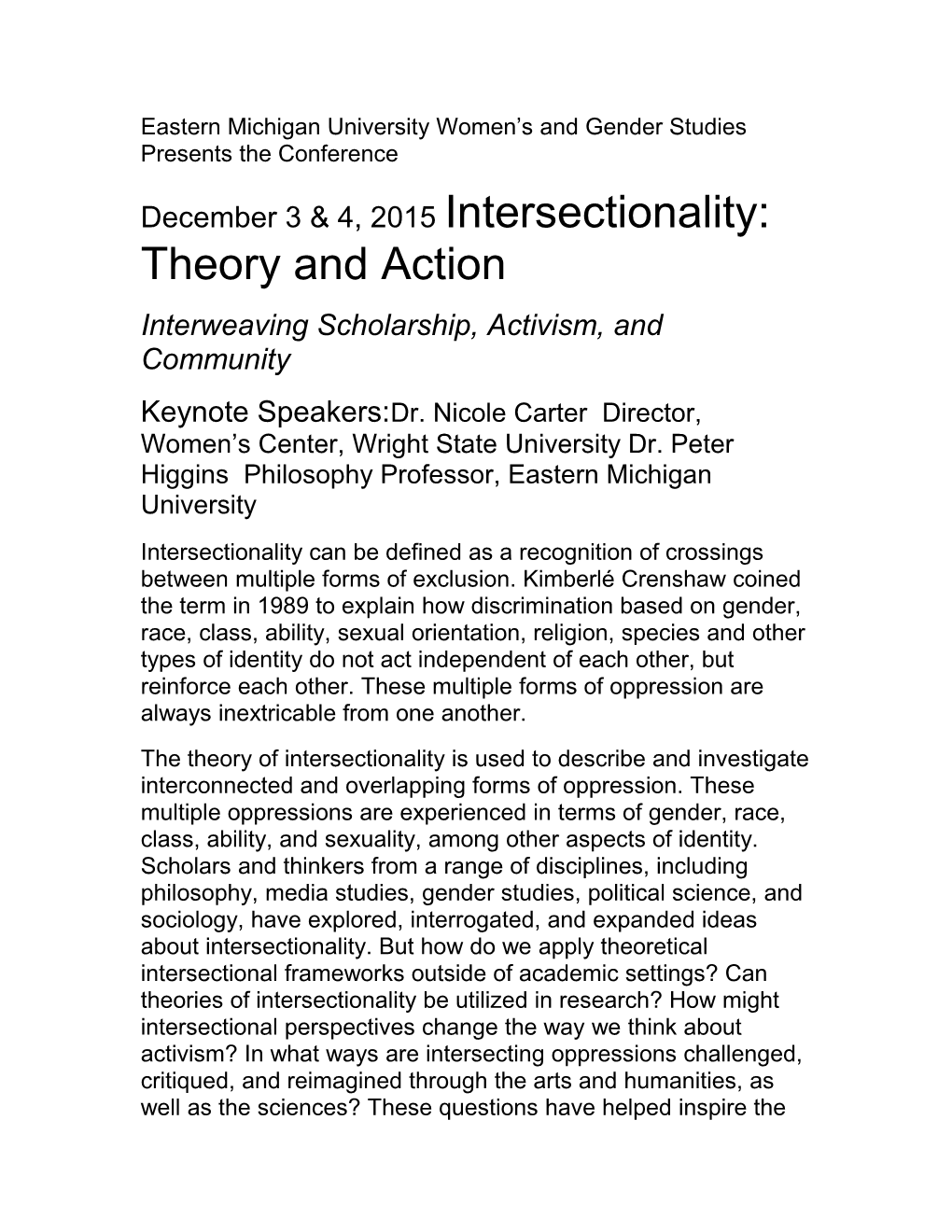 Eastern Michigan University Women S and Gender Studies Presents the Conference