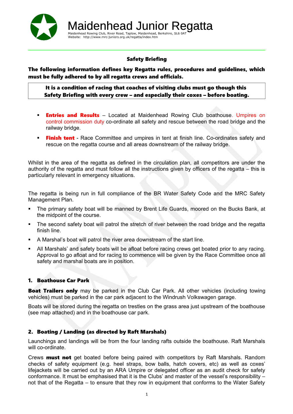 Maidenhead Junior Regatta - Safety Briefing
