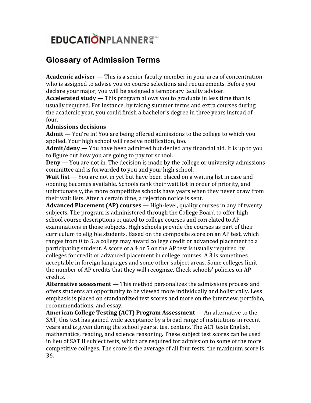 Glossary of Admission Terms