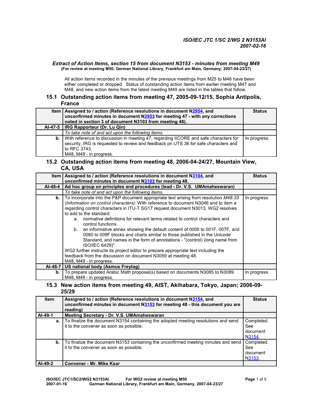 ISO/IEC JTC 1/SC 2/WG 2 Action Items from M49