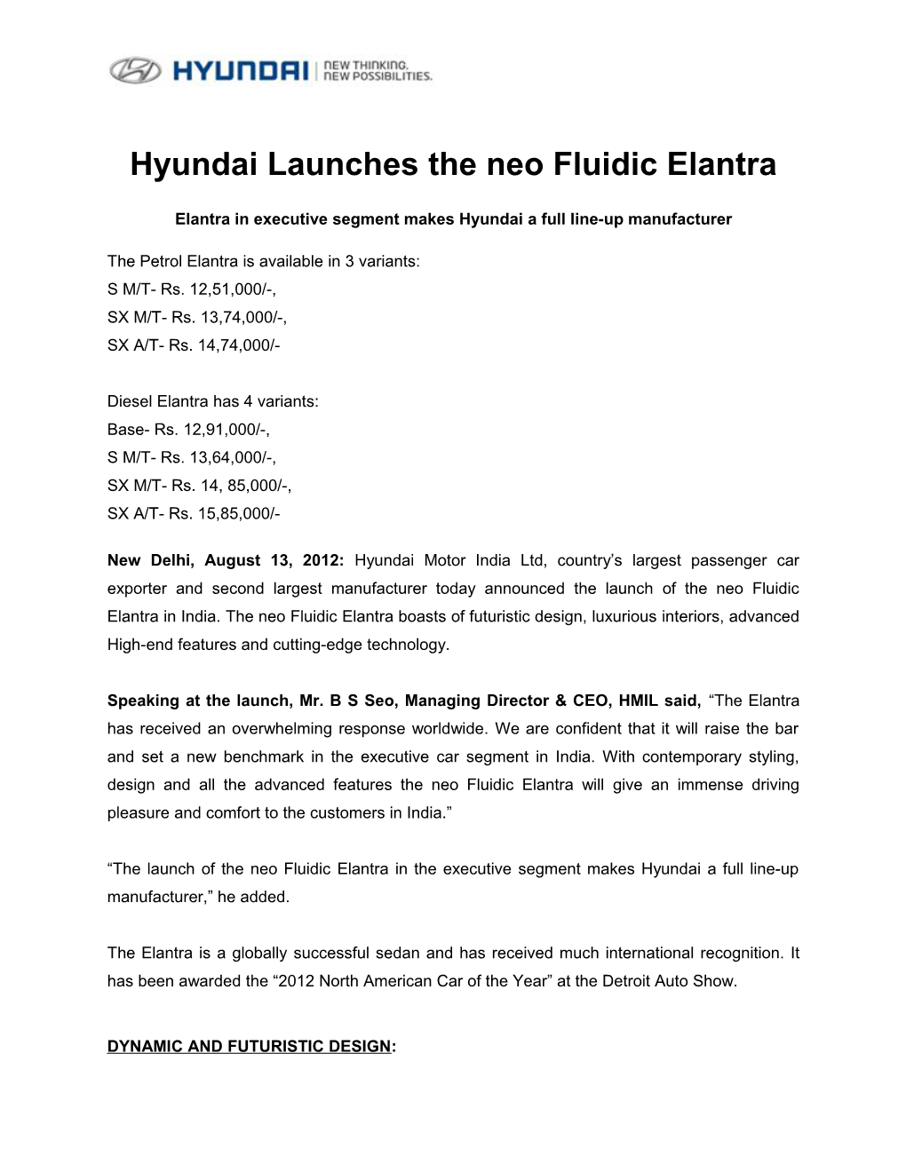 Hyundai Launches the Neo Fluidic Elantra