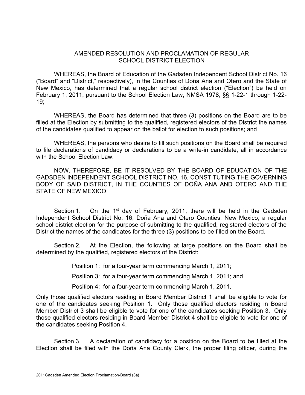 Amended Resolution and Proclamation of Regular