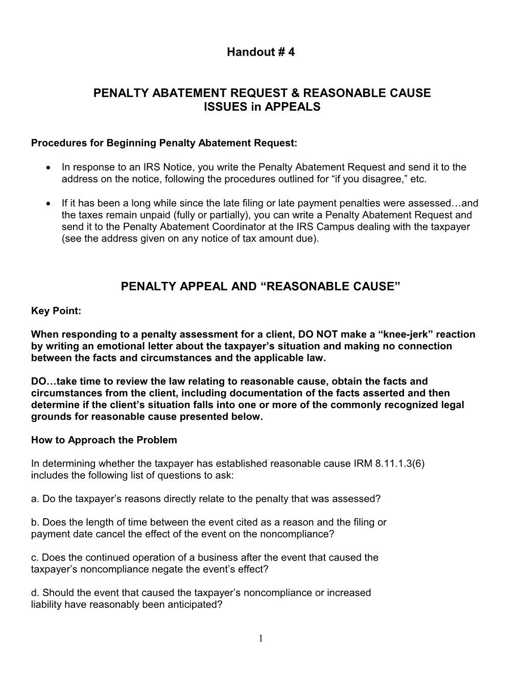 Penalty Abatement Request & Reasonable Cause